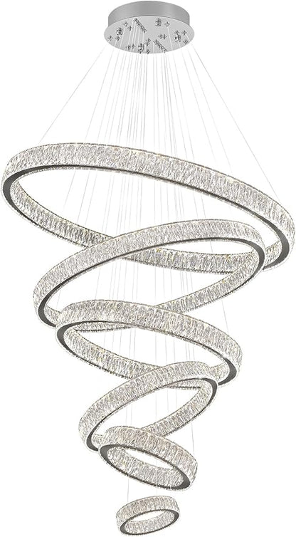 Extra Large 6 Ring Crystal Chandelier Modern LED Long Crystal Chandelier for High Ceiling Height Adjustable D8+15.7"+23.6"+31.5"+39.4"+47.5" Dimmable 2700K-6000K