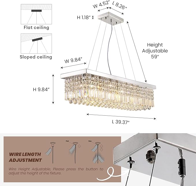 Crystal Chandelier for Dining Room,8-Light Modern Chandeliers,K9 Crystal Rectangle Chandelier,Farmhouse Pendant Light Fixture for Kitchen Island Bar Bedroom L40 x W10 x H10