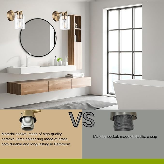 Set of Two Modern Wall Sconces,1-Light Gold Vanity Light Fixtures, Matte Brass Farmhouse Wall Mount Lights with Metal Clear Glass for Bathroom Mirror Living Room Bedroom Hallway E26 Base