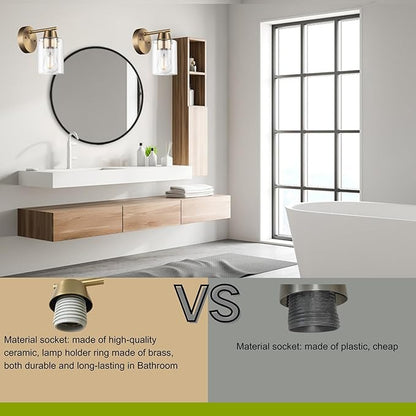 Set of Two Modern Wall Sconces,1-Light Gold Vanity Light Fixtures, Matte Brass Farmhouse Wall Mount Lights with Metal Clear Glass for Bathroom Mirror Living Room Bedroom Hallway E26 Base