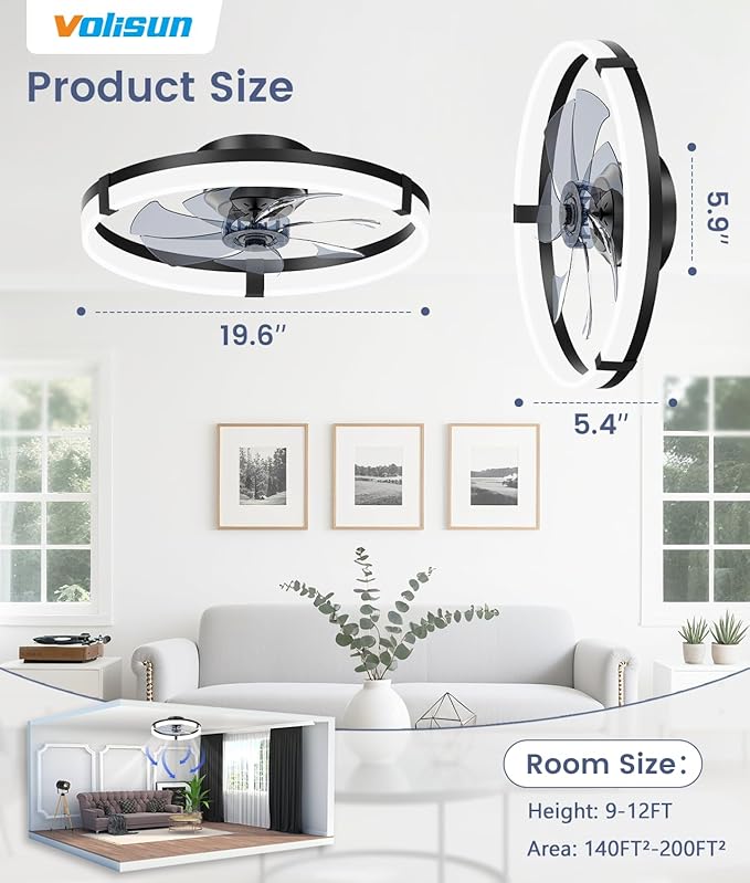 VOLISUN Low Profile Ceiling Fans with Lights and Remote, 20in Flush Mount Ceiling Fans with Light, 3000K-6500K Dimmable Fandelier Ceiling Fan, Black Bladeless Ceiling Fan for Bedroom