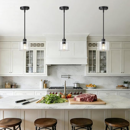 Black Pendant Lights Kitchen Island 2 Pack, Modern Clear Glass Hanging Light Fixtures with Rods, Mini Kitchen Pendant Lighting Over Island for Sink Bathroom, OS-YQ8153-2PBKC