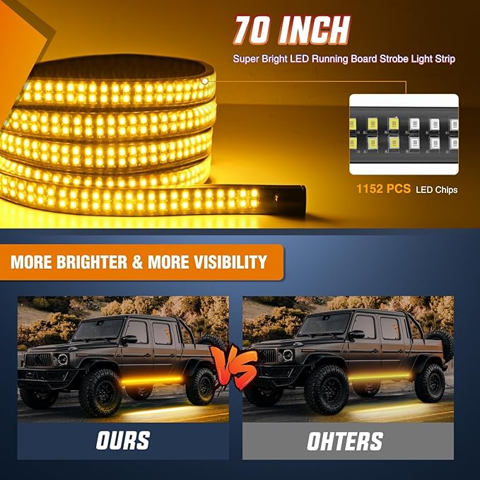 Nilight 2PCS 70 Inch Emergency Strobe Lights Strip 1125 LED Running Board Marker Light Amber Flexible Side Flashing Warning Caution Safety Waterproof for Truck Construction Vehicles Pickup