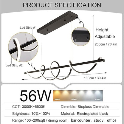 Modern Kitchen Island Light Fixtures 3000K-6500K Black Pendant Lights Fixture with 59.05 inch Soft Silicone Lamp Strip DIY Outlook Modern Linear Chandelier for Table Dining Room Island