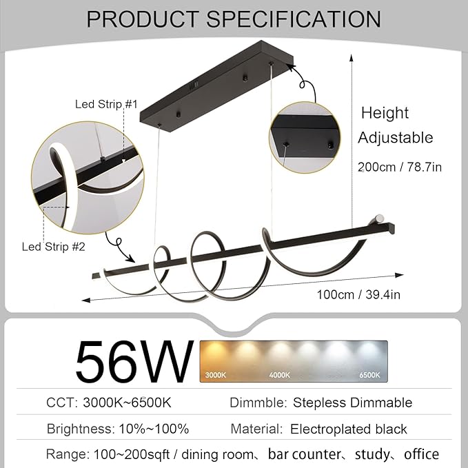 Modern LED Pendant Light for Kitchen Island Lighting,Dimmable Modern Chandelier Color Changing Dining Room Chandelier Light Fixture Creative Twisted into Beautiful Shape in Electroplated Chrome