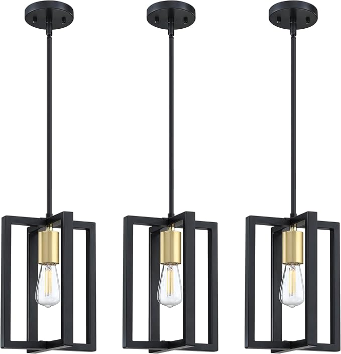 1 Light Hanging Rustic Farmhouse 7.3" Metal Lantern Cage Pendant Ceiling Light Fixture,Cafe Bar Over Sink Dining Room Bedroom Kitchen Island 3 Pack Black Gold