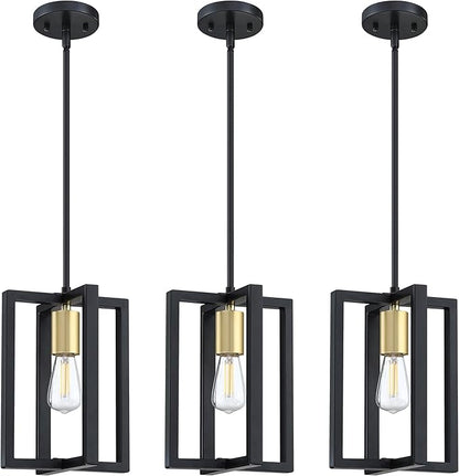 1 Light Hanging Rustic Farmhouse 7.3" Metal Lantern Cage Pendant Ceiling Light Fixture,Cafe Bar Over Sink Dining Room Bedroom Kitchen Island 3 Pack Black Gold