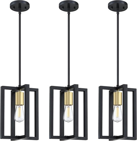 1 Light Hanging Rustic Farmhouse 7.3" Metal Lantern Cage Pendant Ceiling Light Fixture,Cafe Bar Over Sink Dining Room Bedroom Kitchen Island 3 Pack Black Gold