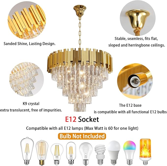 Modern Crystal Chandeliers, 24" Gold Adjustable Height Pendant Light, 5-Tier Round Crystal Ceiling Chandelier for High Ceiling, Foyer, Living Room, Staircase, Dining Room