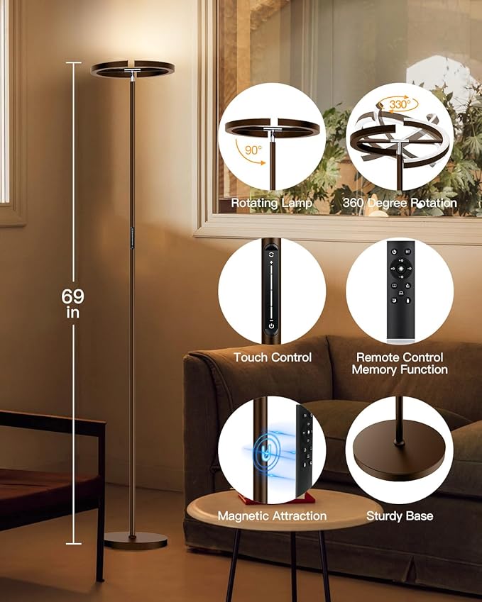 SIBRILLE Brown Floor Lamp, Modern Stepless Dimmable Standing Lamp with Remote Control, 22W 3000-6000K LED Rotatable Floor Light Uplighter Stand up Lamp Tall Lamp for Living Room Bedroom Office