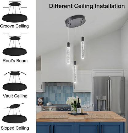 3 Light Pendant Lights Kitchen Island,Modern LED Bubble Crystal Pendants with Dimmable 3000K-6000K Ceiling Hanging Light Fixture for Dining Room Bedroom,Matte Black Finish,Adjustable Height 59"