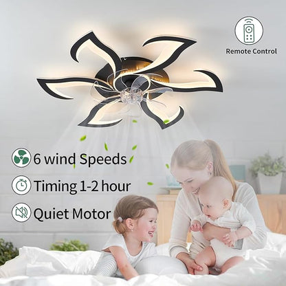 Yfrest Modern Ceiling Fan with Light and Remote, Low Profile Ceiling Fans with Lights, 32 Inch Black Flush Mount Ceiling Fan with 3 Light Color 6 Speeds, Fandelier Ceiling Fans for Kitchen Bedroom