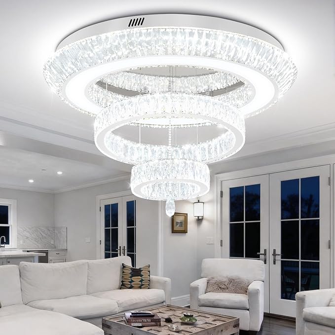 Modern Large Ring Crystal Chandelier Modern Luxury Chrome Crystal Ceiling Lights Fixture for Dining Living Room D40 Inch 3-Tier Raindrop Chandeliers LED Dimmable Lighting