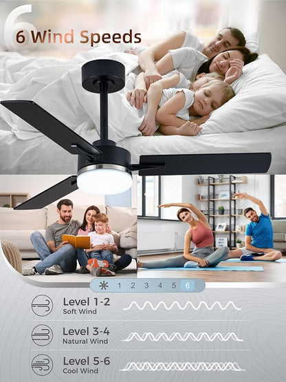 LANMEL Ceiling Fan with Light, Modern Flush Mount Low Profile with Remote Control, Reversible, 3CCT Dimmable, Quiet,LED for Bedroom, Living Room, Indoor/Outdoor Patio Use 42 Inch Silver & Black