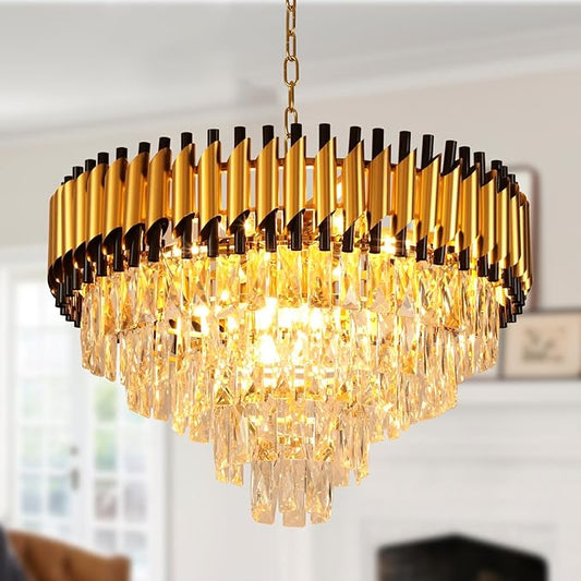 Depuley Modern Gold Crystal Chandelier: 24" 5-Tier K9 Crystal Hanging Light 9-Light Flush Mount Chandelier for Living Room Dining Room Entryway Bedroom Included Bulbs
