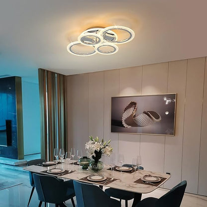 Garwarm Modern Ceiling Light 58W Dimmable Flush Mount LED Ceiling Lamp 4 Rings Acrylic Ceiling Chandelier for Living Room Dining Room Bedroom,Chrome