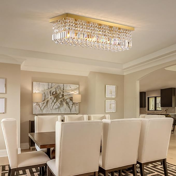 Siljoy 6-Light Modern Crystal Chandelier, Gold Rectangular K9 Crystal Raindrop Chandelier Flush Mount Ceiling Light Fixture for Dining Room Living Room Kitchen Island L31.5'' x W10'' x H10''