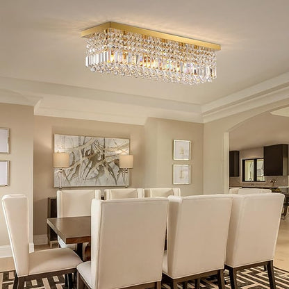 Siljoy 6-Light Modern Crystal Chandelier, Gold Rectangular K9 Crystal Raindrop Chandelier Flush Mount Ceiling Light Fixture for Dining Room Living Room Kitchen Island L31.5'' x W10'' x H10''