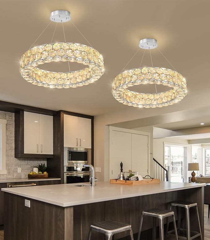 Modern Crystal Chandelier Ring Chandeliers for Dining Room Living Room Round LED Dimmable Ceiling Light Fixture for Bedroom Hallway Foyer Silver