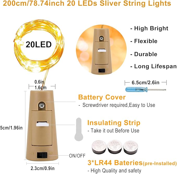 VOOKRY Wine Bottle Lights with Cork, 16 Pack 20LED Fairy Lights Battery Operated Mini Copper Wire Cork Lights for Liquor Bottles DIY Party Wedding Christmas Festival Bar Decoration(Warm White)