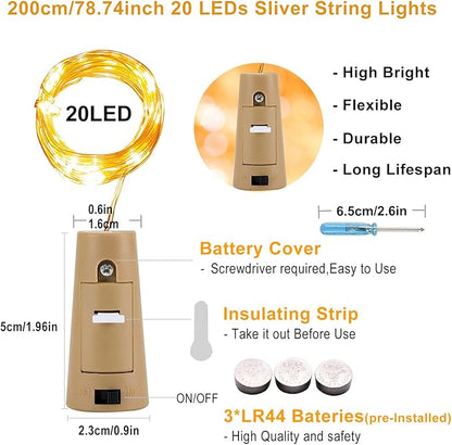 VOOKRY Wine Bottle Lights with Cork, 16 Pack 20LED Fairy Lights Battery Operated Mini Copper Wire Cork Lights for Liquor Bottles DIY Party Wedding Christmas Festival Bar Decoration(Warm White)