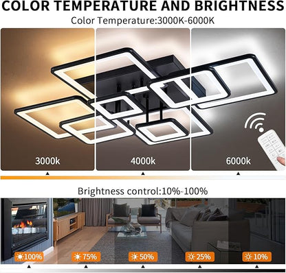 Shine LUEST Modern LED Ceiling Light, Dimmable LED Chandelier Black Flush Mount Ceiling Lights, Remote Control Acrylic Ring Ceiling Lamp Fixture for Living Room Dining Room Bedroom, 8H-FANG-BL-04
