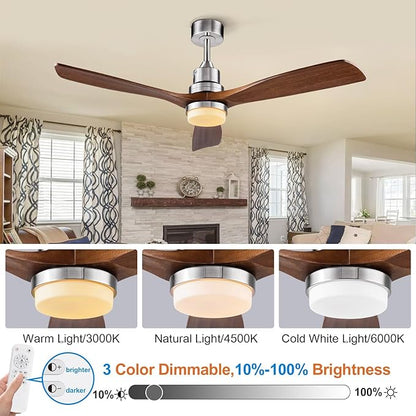 52 Inch Brushed Nickel Ceiling Fans with Lights and Remote Control, Dimmable, Modern Ceiling Fan Light, 3 Blades, 6 Speed DC Motor, Indoor Outdoor Ceiling Fan for Farmhouse,Bedroom
