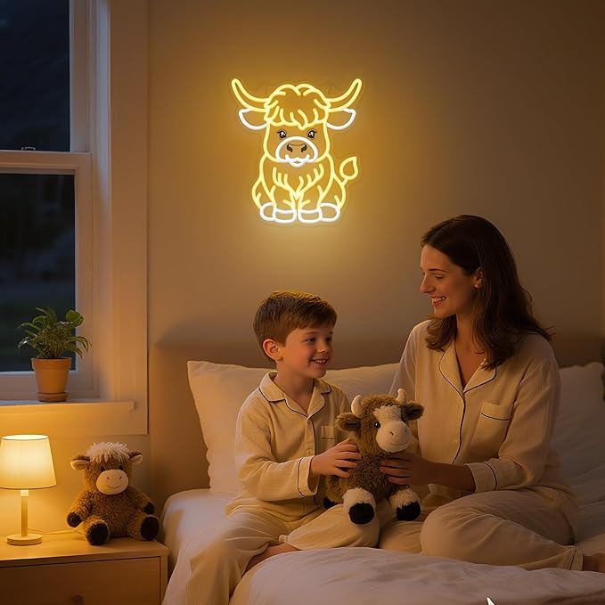 OkiyiD Highland Cow Neon Sign, Cow Decor Wall Art Gifts for Kids, Animal Themed Wall Decor for Bedroom,Living Room,Rustic Farmhouse,USB-Powered Energy-Saving Light with Hanging Kit
