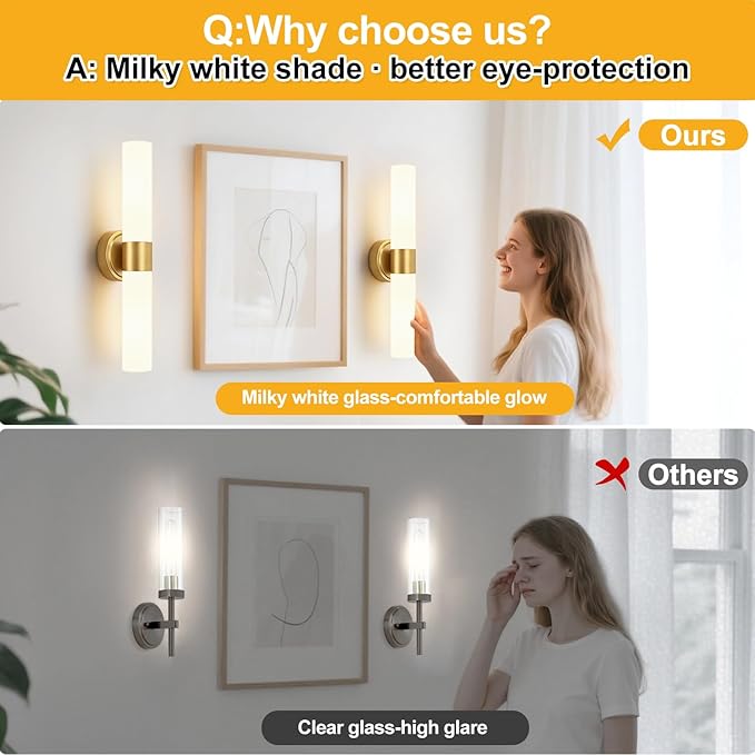 Brushed Gold Wall Sconce, Bathroom Sconces Wall Lighting with Milky White Glass, Modern Sconces Wall Light fixturesfor Bathroom Mirror Bedroom Living Room Hallway (Hardwired)