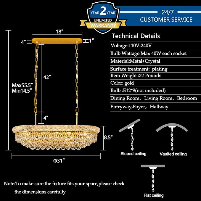 Crystal Chandeliers for Dining Room Light Fixtures Over Table, Modern Crystal Chandeliers for Kitchen lsland, 9 Lights Empire Style Gold Luxury Lighting Fixtures for Living Room Bar L31 Inch