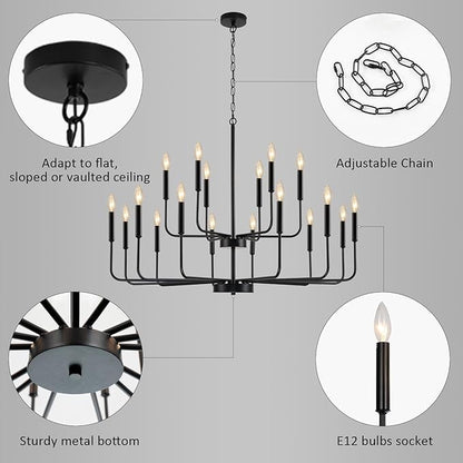 Black Chandeliers for Dining Room Light Fixture Over Table, Modern Farmhouse Chandeliers for Living Room,18-Lights Industrial Metal 2-Tier Candle Lighting Fixtures for Entryway Kitchen Island Foyer