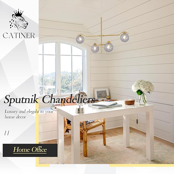CATINER Gold Sputnik Chandelier, Large Modern 4 Lights L31 '' Mid Century Long Ceiling Pendant Light Fixture with Smoke Glass Globe Shades for High Ceiling Living Dining Room Foyer Bedroom