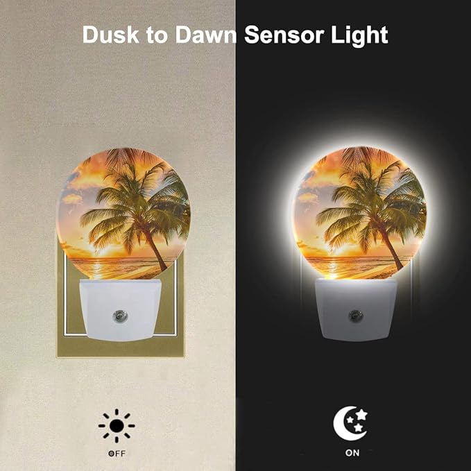 EKOBLA Sunset Beach Plug-in Night Light, Summer Seaside & Palm Tree LED Nightlight with Auto Sensor for Home Decor