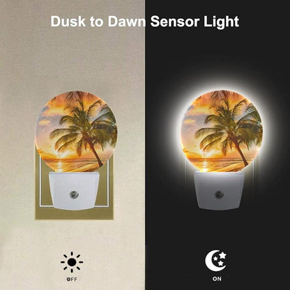 EKOBLA Sunset Beach Plug-in Night Light, Summer Seaside & Palm Tree LED Nightlight with Auto Sensor for Home Decor