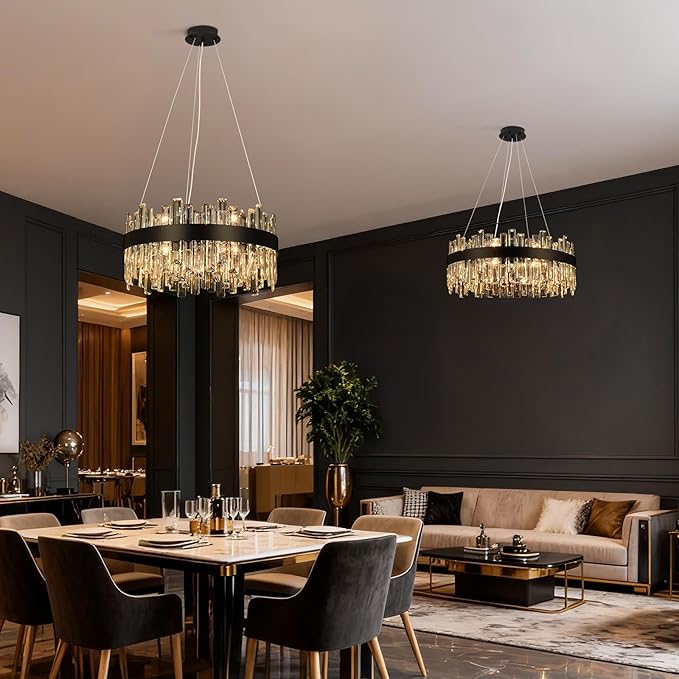 Crystal Chandeliers for Dining Room Lights Fixtures, 16 Lights Luxury Gold Modern Chandeliers for Bedroom, 2-Tier Round Crystal Lighting Fixtures for Living Room Entryway Kitchen Island D24 Inch