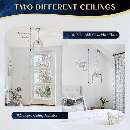 Chrome Pendant Light for Kitchen Island – 10" Modern Glass Dome Hanging Light Fixture, Single E26 Ceiling Pendant Lamp for Dining Room, Hallway, Bedroom