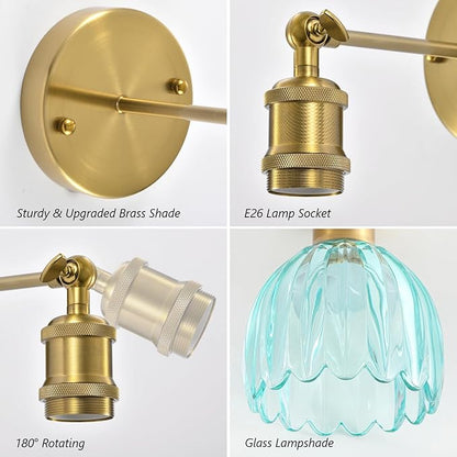 Vintage Battery Operated Wall Sconce, Sky Blue Tulip Glass Lampshade Wireless Rechargeable Battery Powered LED Wall Light with Remote Dimmable for Bedside Bedroom Doorway Living Room, Set of 2