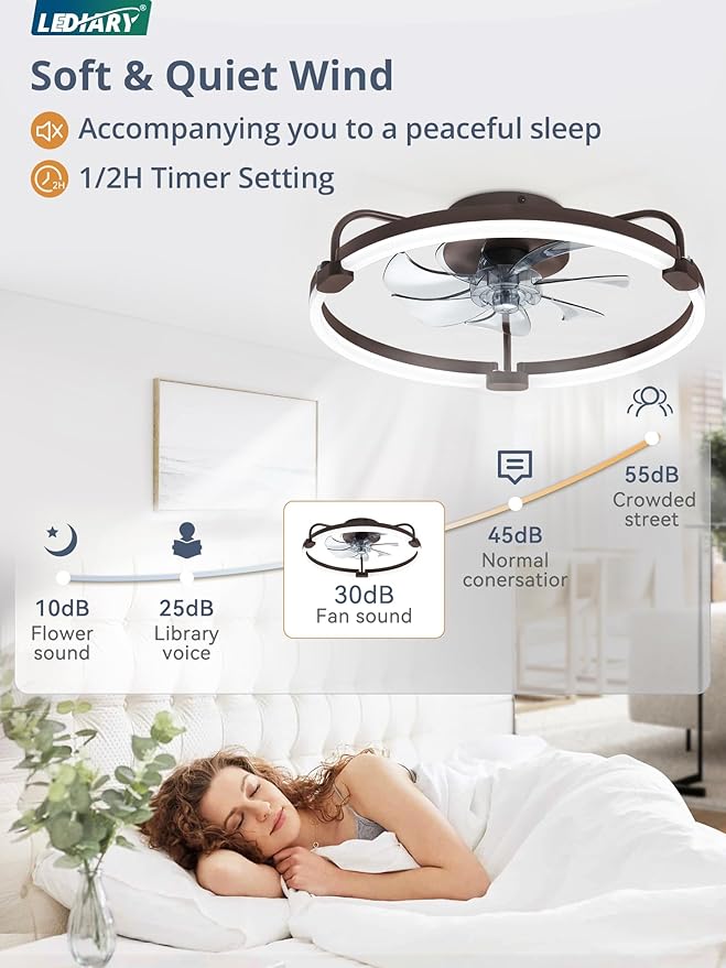 LEDIARY Ceiling Fans with Lights and Remote, 20'' Low Profile Ceiling Fan with Light, 3000-6000K Dimmable Fandelier LED Fan Light, 6 Wind Speeds, Brown Modern Flush Mount Ceiling Fan for Bedroom