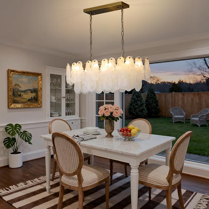 KELUOLY Modern Glass Chandelier 8-Light Rectangle Gold Brass Chandelier Luxury Oval 2-Tiers Crystal Cloud Glass Pendant Ceiling Light for Dining Room Living Room Kitchen Island L31.5'' (E12)