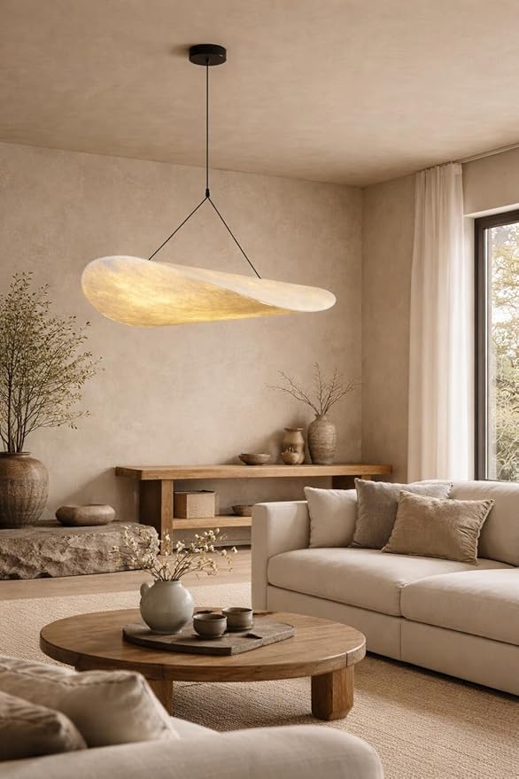 Wabi-Sabi Style Pendant Light with 27.56-Inch Imitation Silk Shade, Adjustable Height Ceiling Hanging Lamp for Kitchen Island, Living Room & Entryway