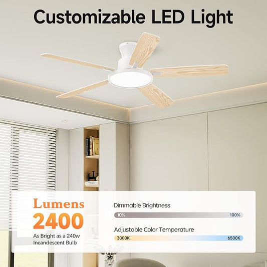 Ceiling Fans With Lights,52 Inch Smart Ceiling Fan, Remote/App Control, Compatible with Alexa/Google Assistant,Reversible,Dimmable,Adjustable Color Temperature,6 Speeds,Timer(White)