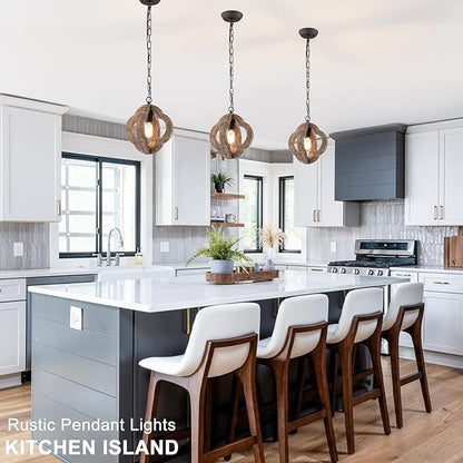 9.84" Modern Farmhouse Wood Pendant Lights Kitchen Island Small Orb Distressed Oak Pendant Light Rustic Ceiling Hanging Light for Kitchen Over Sink Hallway Entryway Foyer Adjustable Chain E26