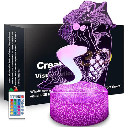Mermaid Night Light Gifts for Girls, 3D Illusion 16 Color Change Decor Bedside Lamp with Remote and Smart Touch, Gifts for Christmas Birthday Kids