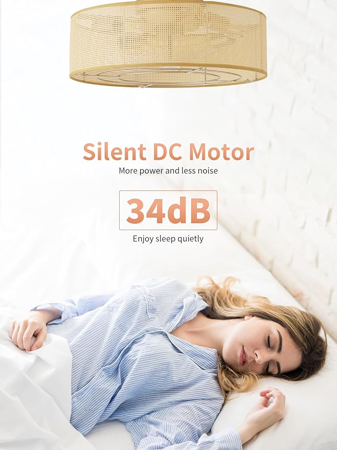 Ceiling Fans with Lights Flush Mount, 20" Rattan Boho Ceiling Fan with Light, Low rofile with 6 Speeds, Remote Control for Bedroom, Nursery, Living Room