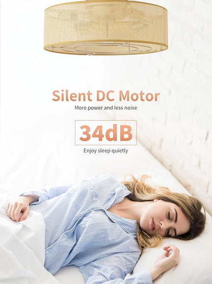Ceiling Fans with Lights Flush Mount, 20" Rattan Boho Ceiling Fan with Light, Low rofile with 6 Speeds, Remote Control for Bedroom, Nursery, Living Room