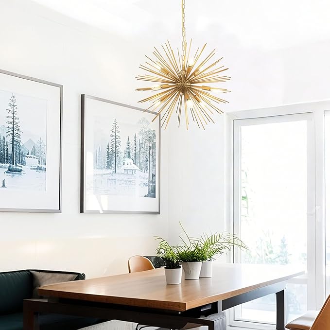 23.8" Modern Sputnik Chandelier 9-Lights Mid-Century Modern Starburst Golden Chandelier Luxury Gold Solid Metal Sputnik Satellite Chandeliers for Dining Room, Kitchen Island, Bedroom, E12