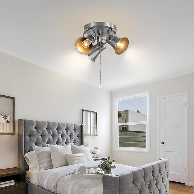 3-Light Ceiling Lights with Pull Chain, Adjustable Round Kitchen Ceiling Light, Morden Nickel Flush Mount Directional Track Light for Kitchen, Hallway, Dining Room, Bathroom, Coffee Bar