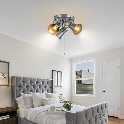 3-Light Ceiling Lights with Pull Chain, Adjustable Round Kitchen Ceiling Light, Morden Nickel Flush Mount Directional Track Light for Kitchen, Hallway, Dining Room, Bathroom, Coffee Bar