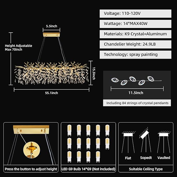 Modern Tree Branch Crystal Chandelier 47.2" Gold Large Rectangular Pendant Lighting 14-Light K9 Crystal Chandeliers for Dining Room Kitchen Living Room Foyer Entryway (Gold, L47.2-Rectangle)