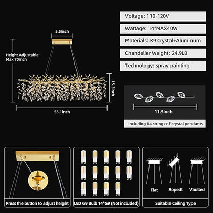 Modern Tree Branch Crystal Chandelier 47.2" Gold Large Rectangular Pendant Lighting 14-Light K9 Crystal Chandeliers for Dining Room Kitchen Living Room Foyer Entryway (Gold, L47.2-Rectangle)